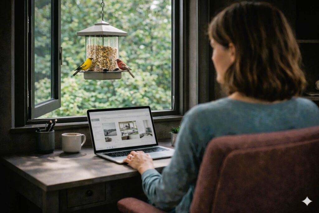 Een tuinkantoor met een vogelkooi