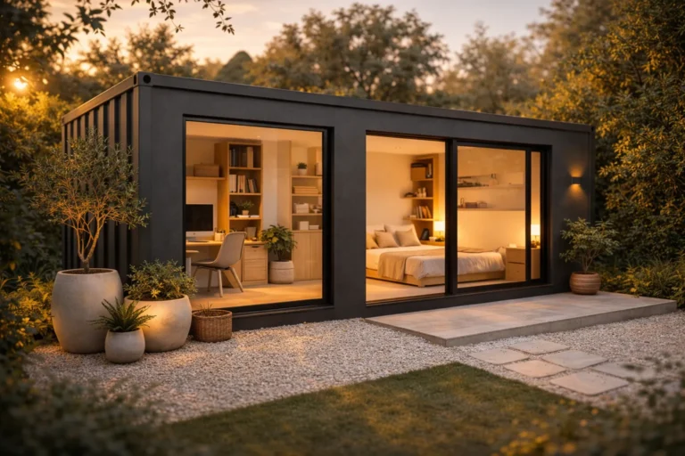 Een stijlvolle, zwarte containerwoning in een tuin tijdens het gouden uur, met grote glazen deuren die zicht bieden op een bureau en een slaapkamer.