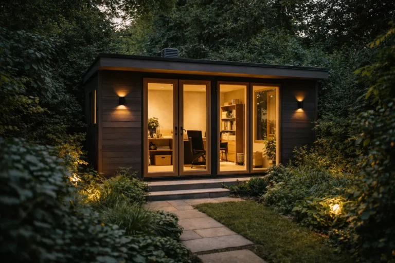 Een gezellig houten bijgebouw in een bosrijke omgeving bij avondlicht, met warme buitenverlichting en een zichtbaar bureau door de glazen deuren.