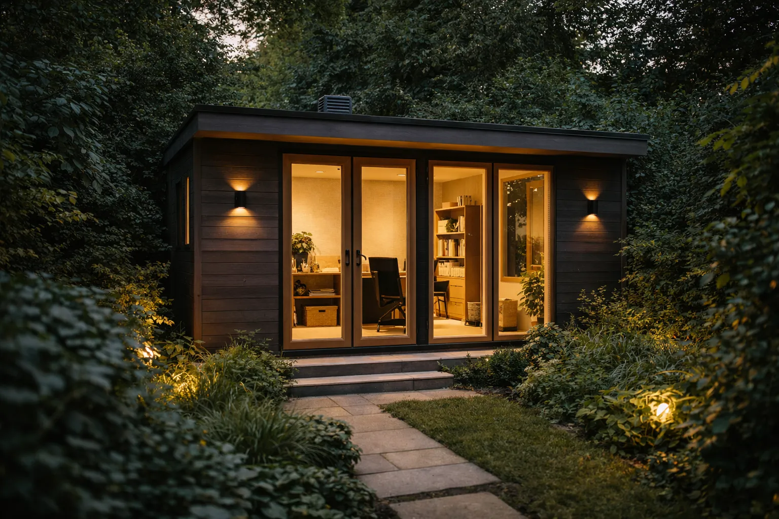 Een gezellig houten bijgebouw in een bosrijke omgeving bij avondlicht, met warme buitenverlichting en een zichtbaar bureau door de glazen deuren.