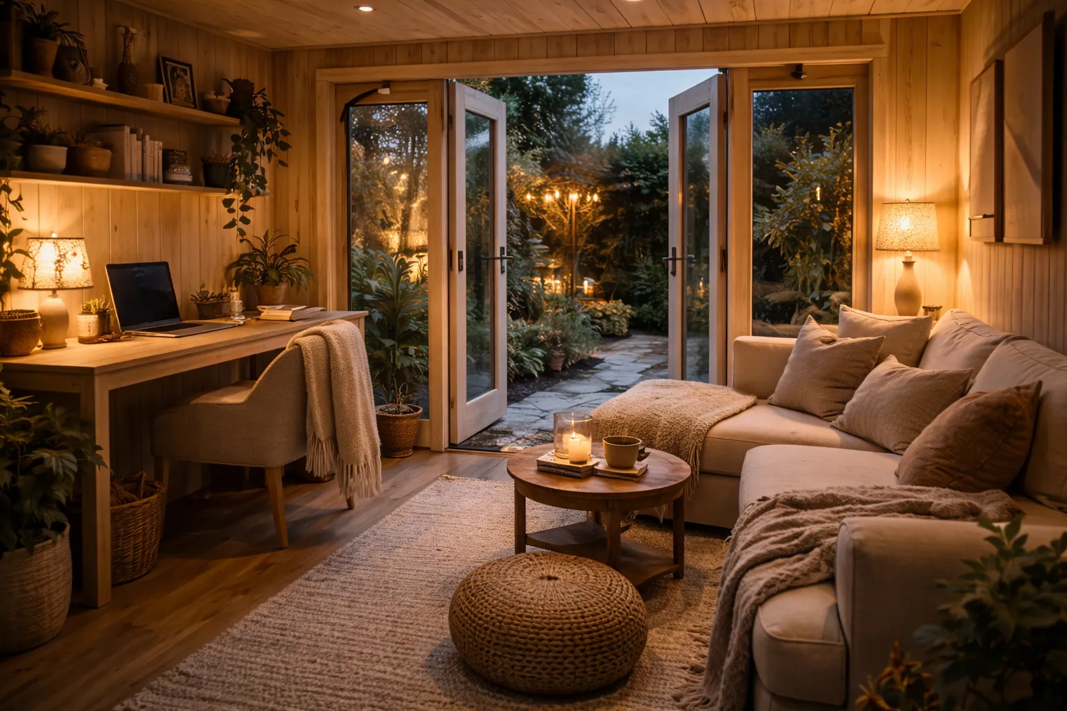 Een warm verlichte binnenruimte met een bank, een bureau met laptop en openslaande deuren naar een terras, wat een knusse werkomgeving creëert.