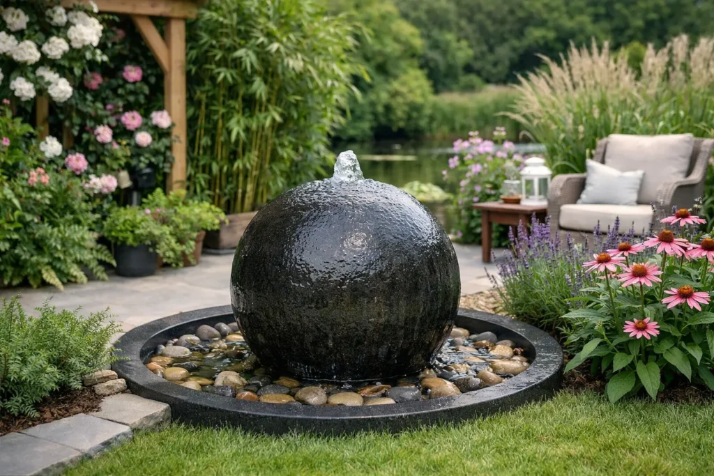 Moderne bolfontein in een groene tuin met bloemen en terras.