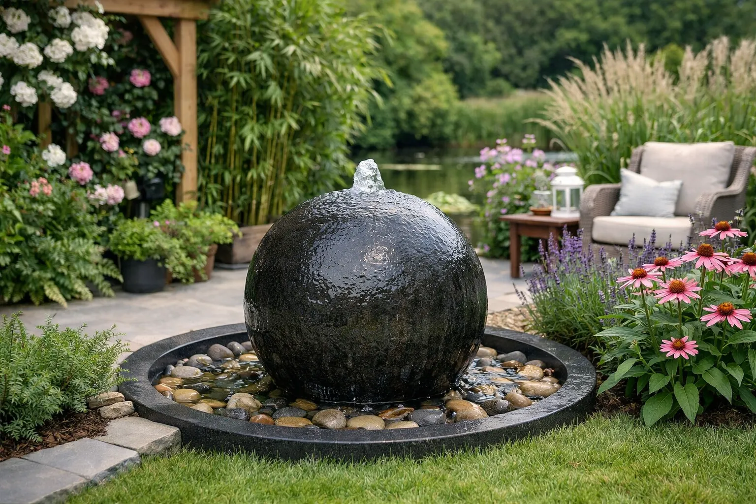 Moderne bolfontein in een groene tuin met bloemen en terras.