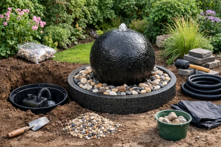 Installatie van een zwart bolvormig waterornament in een tuin met pomp en grind.