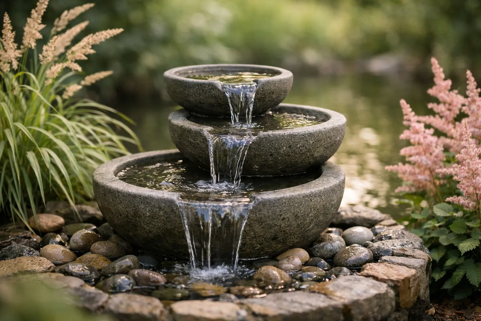 Stenen waterornament met zacht stromend water in een groene tuin