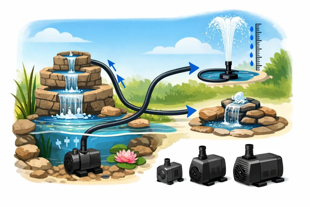 Illustratie van een waterornament met pomp, debiet en opvoerhoogte uitgelegd.