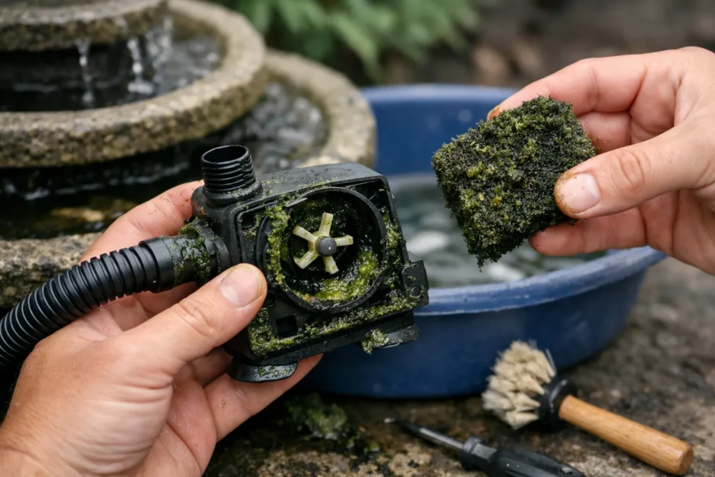 Close-up van een verstopte waterpomp die wordt gereinigd met een sponsfilter vol algen.