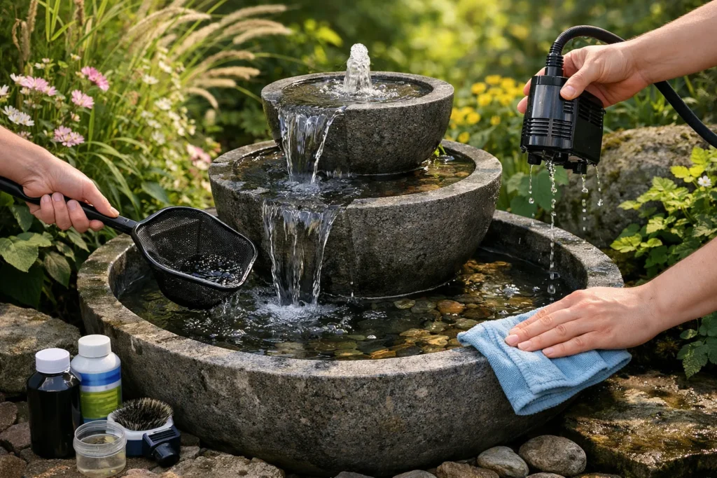Persoon maakt een stenen tuinfontein schoon en onderhoudt de pomp voor helder water.