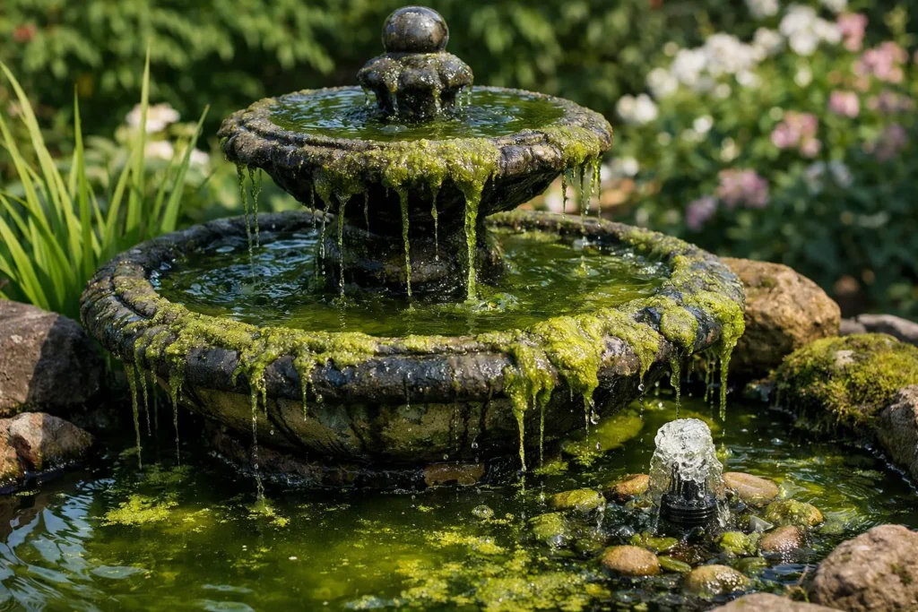 Groen water met algen in een tuinfontein