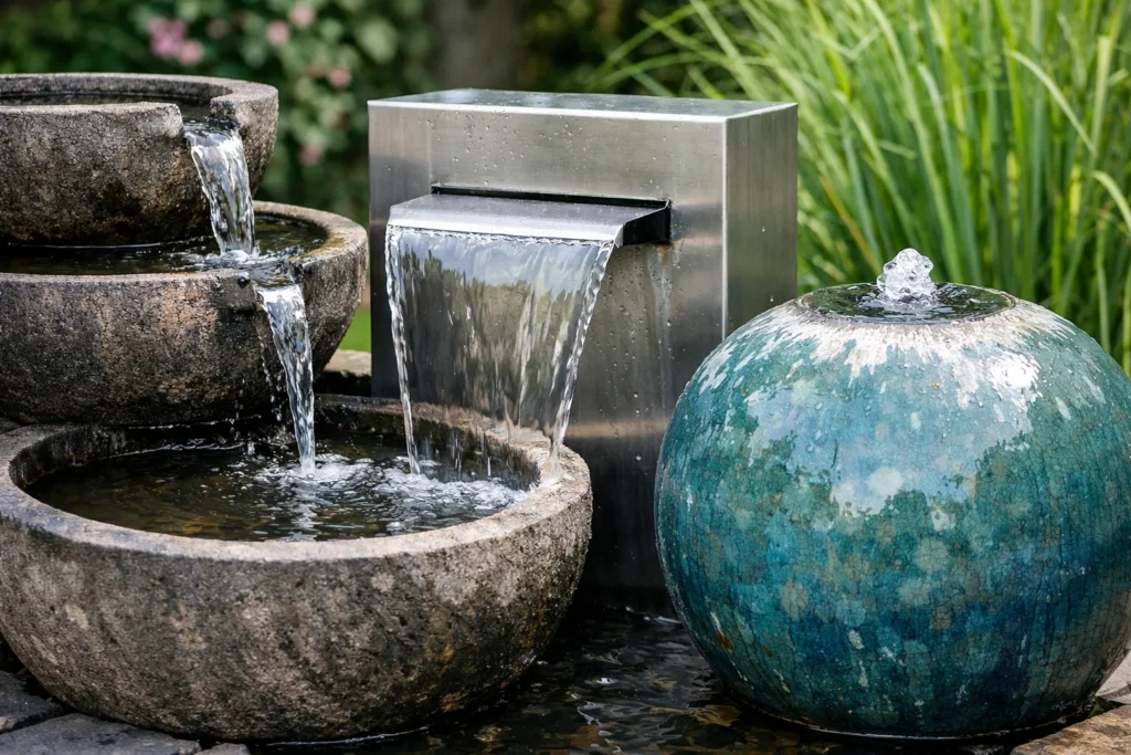 Waterornamenten van steen, staal en keramiek in een tuin met kalkaanslag.