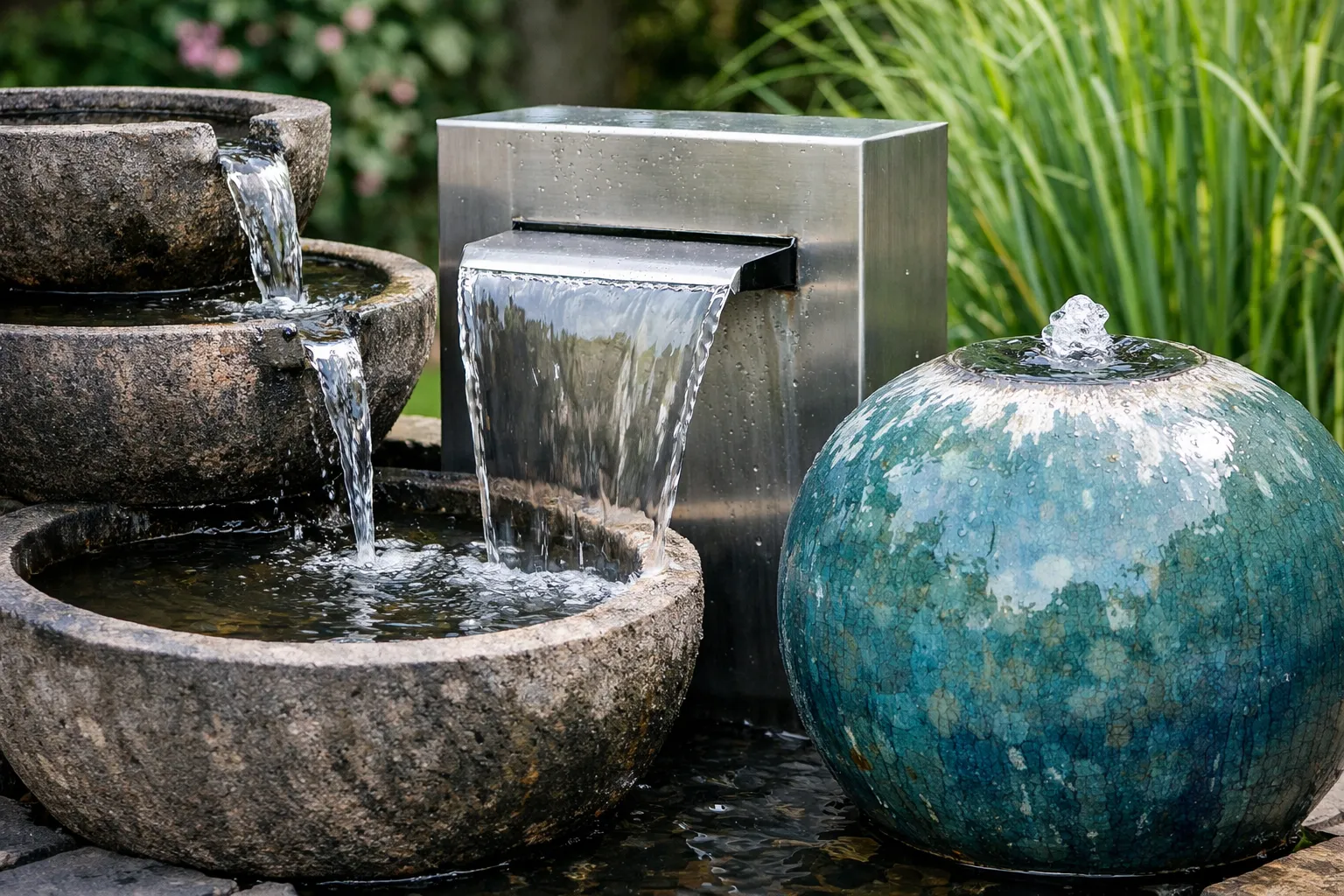 Waterornamenten van steen, staal en keramiek in een tuin met kalkaanslag.