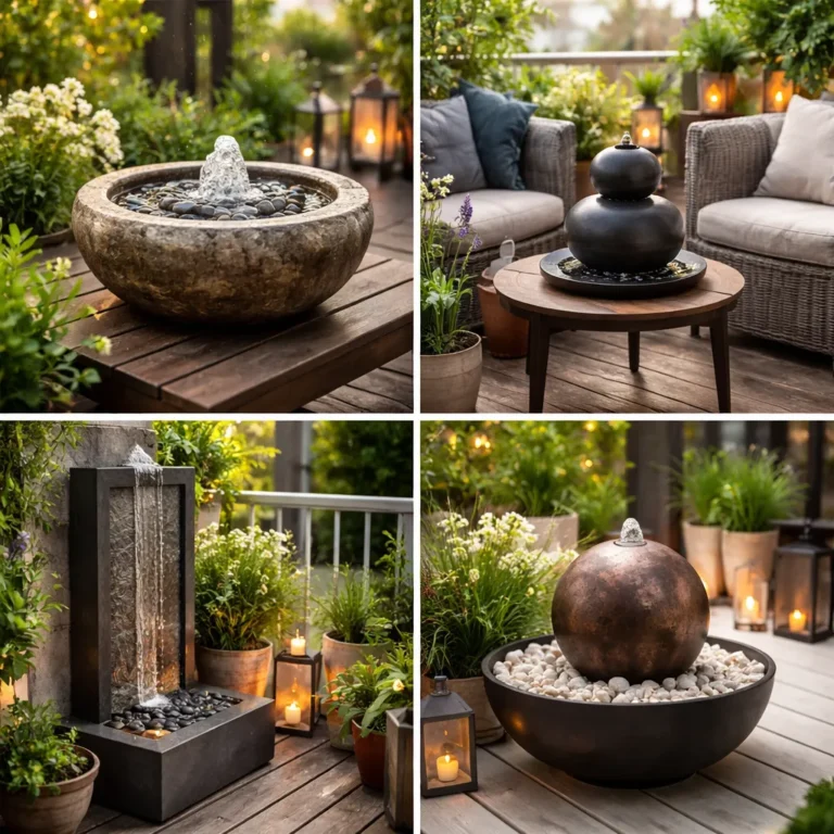 Stenen waterschaal met fontein op terras