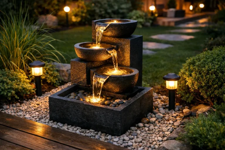 Verlicht stenen waterornament met stromend water in een moderne tuin bij schemering.