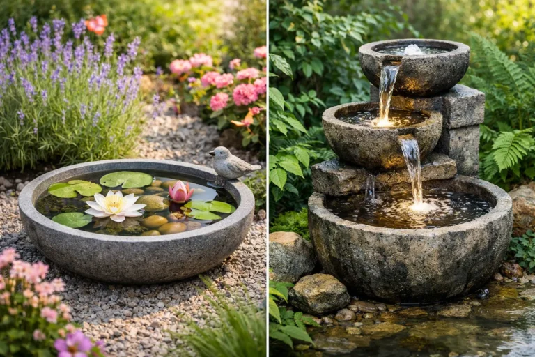 Vergelijking tussen een ronde waterschaal met waterlelies en een stenen waterornament met stromend water in een groene tuin.