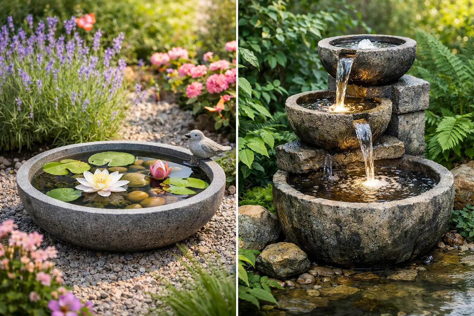 Vergelijking tussen een ronde waterschaal met waterlelies en een stenen waterornament met stromend water in een groene tuin.