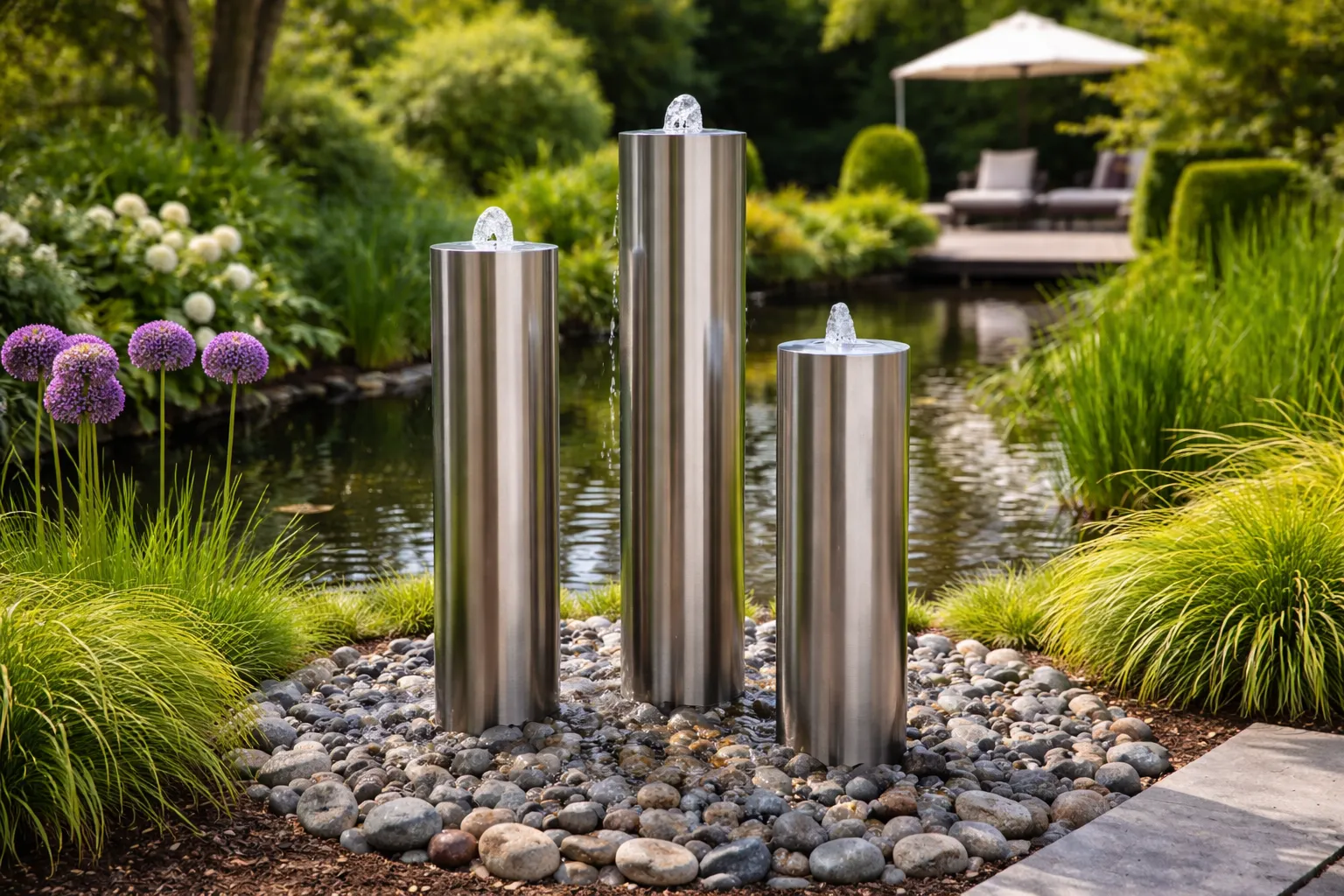 RVS waterzuilen in een groene tuin met vijver en siergrind.