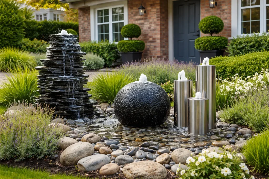 Moderne waterornamenten met fontein in een groene voortuin bij een bakstenen huis.