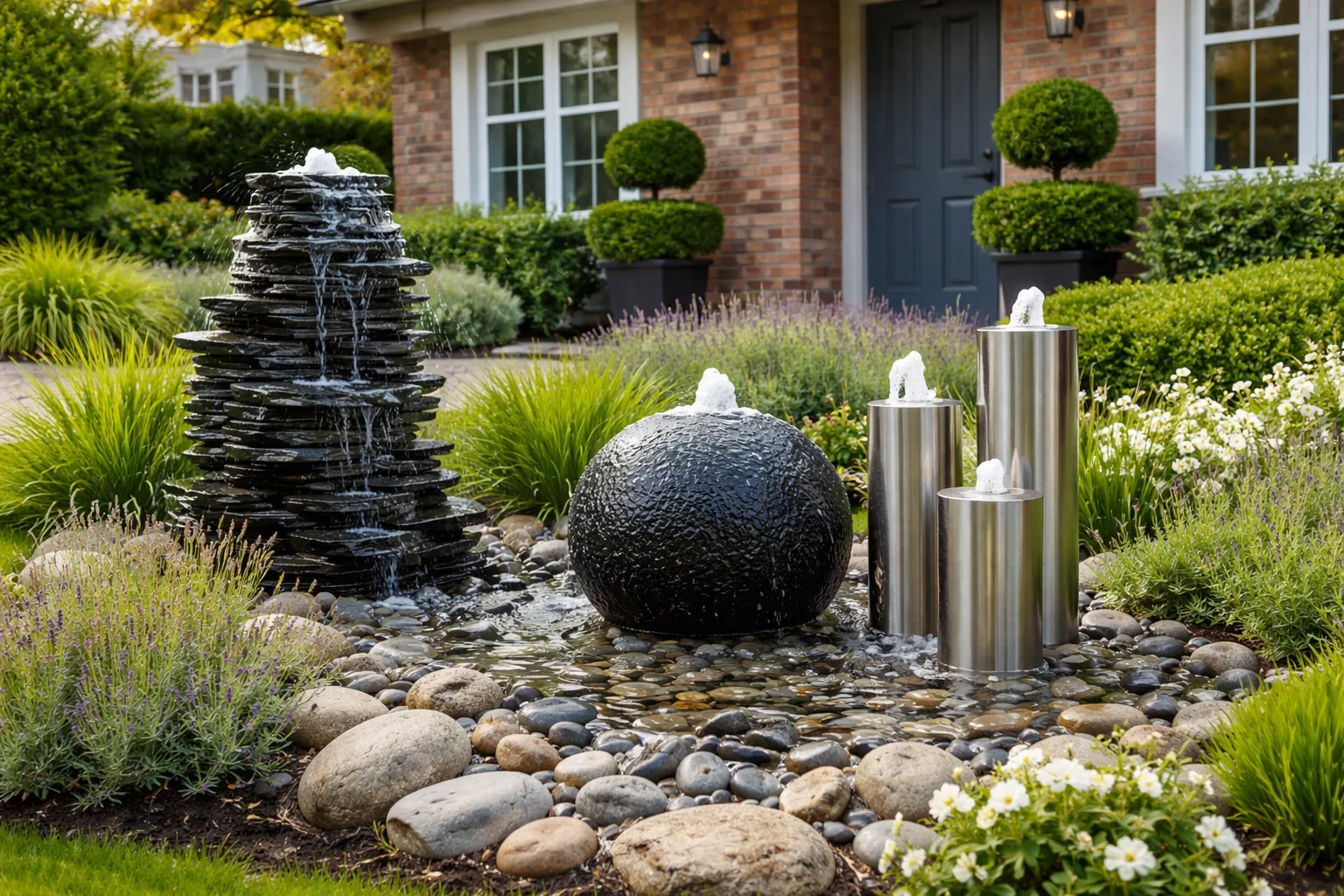 Moderne waterornamenten met fontein in een groene voortuin bij een bakstenen huis.