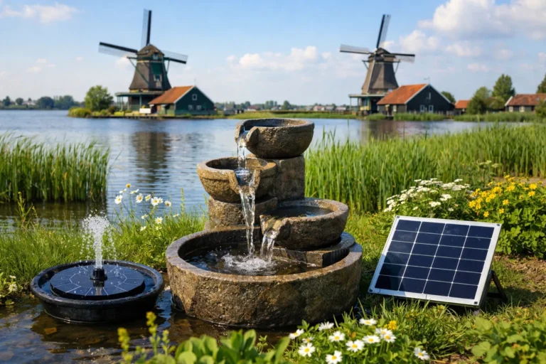 Zonnepaneel naast een stromende fontein aan het water met windmolens op de achtergrond.