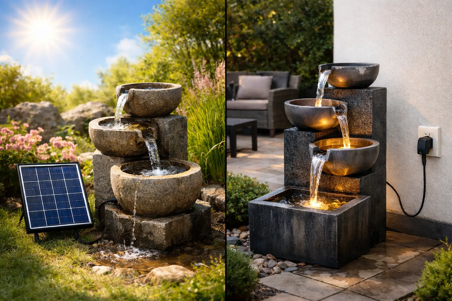 Vergelijking tussen een zonnefontein in de tuin en een elektrisch waterornament op het terras.