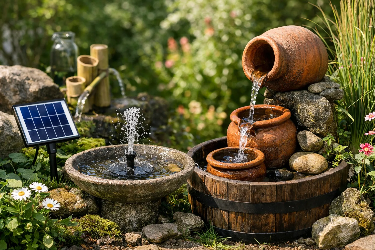 Zonnepaneel fontein en terracotta waterornament in groene tuin.